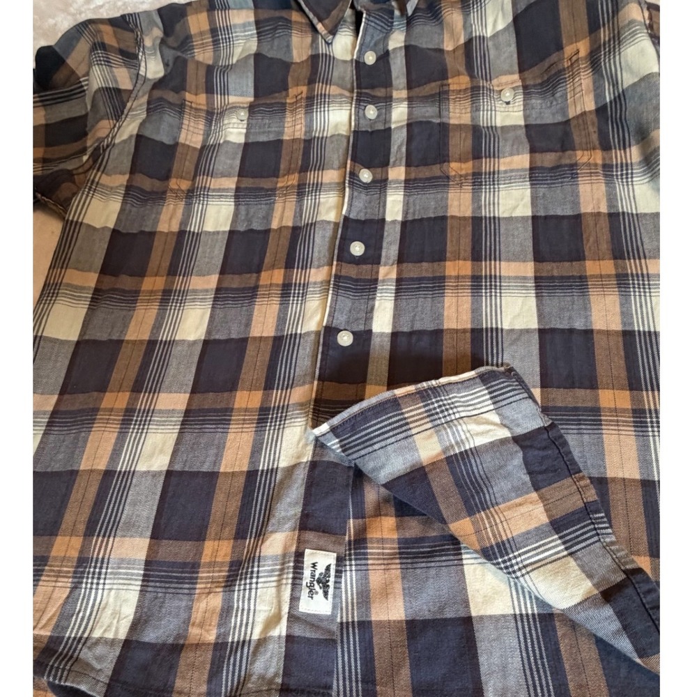 Wrangler Flex for Comfort Mens XL Plaid Button Down Shirt Brown Blue Long Sleeve - Picture 10 of 11